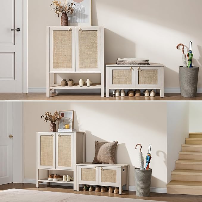 SICOTAS Rattan Shoe Bench - 2 Pieces Farmhouse Shoe Organizer Bench with Lift Top Storage and Hidden Cabinet, Boho Shoe Rack Cabinet for Entryway, Hallway, Bedroom (White Cream Oak)