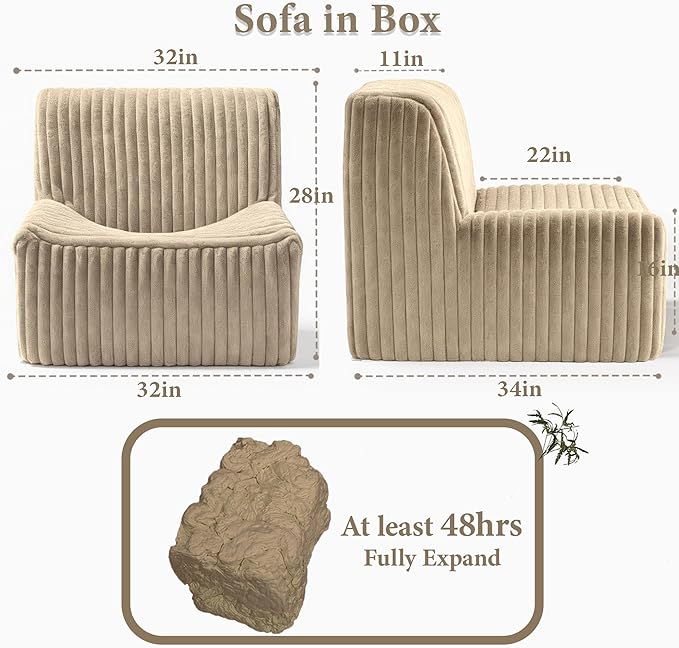 Trenda 32'' Boneless Chair, Super Comfy Bedroom Accent Chair, Sofa Chair, Soft Faux Fur Cover Floor Couch for Living Room,College, Dorm to Reading& Gaming (Khaki)