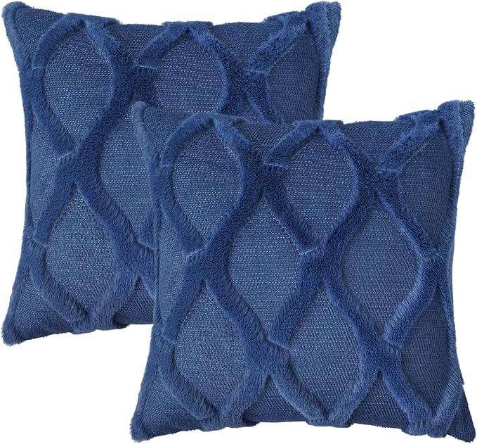 decorUhome Spring Euro Sham Throw Pillow Covers 26x26 Inch Set of 2, Soft Plush Faux Fur Wool Dark Blue Couch Pillow Covers, Decorative Neutral Pillow Cases for Bed Sofa Living Room Home Decor