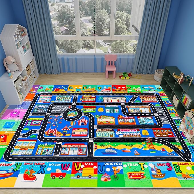 Kids Rugs for Toy Cars Playroom 110"×78.7" ABC Transportation Animals Play Mat Educational Mat Alphabet Area Rug Public Buildings Kids Playtime Collection Toddler Learning Carpet
