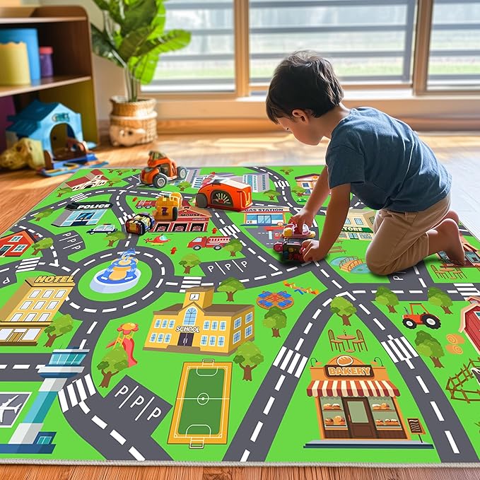 Kids Room Rug - Soft & Non-Slip 3x4 Ft Town Car Rug City Map Play Mat, Childrens Road Catpet Washable Rug for Classroom Nursery Bedroom Boys