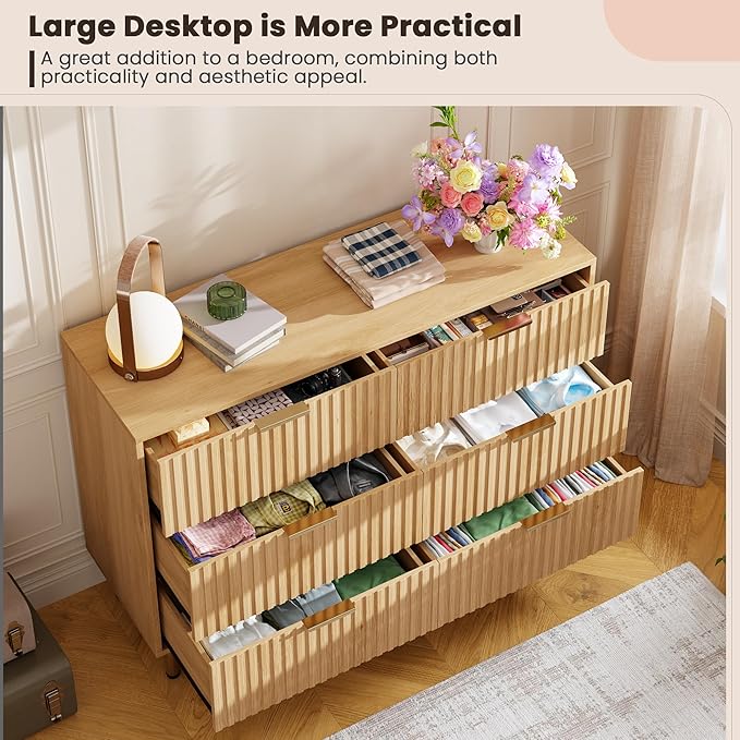 GarveeHome Natural 6 Drawer Dresser for Bedroom, Fluted 47.2 in Wide Modern Chest of Drawers with Deep Drawers, Long Large Double Dresser TV Stand for Living Room, Hallway, Kids Room