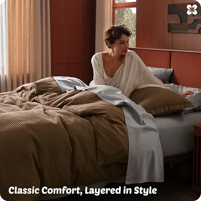 Bedsure Cotton Duvet Cover Queen Size - 100% Cotton Waffle Weave Brown Duvet Cover Queen Size, GentleSoft™ and Breathable Bedding Set for All Season, 3 Pieces, 90"x90"