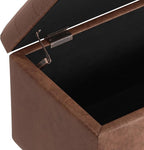 SIMPLIHOME Cosmopolitan Storage Ottoman - 34 inch Wide Upholstered Vegan Leather Rectangle Storage Ottoman Bench in Distressed Saddle Brown, Transitional Tufted Ottoman for Entryway with Lift-Up Lid