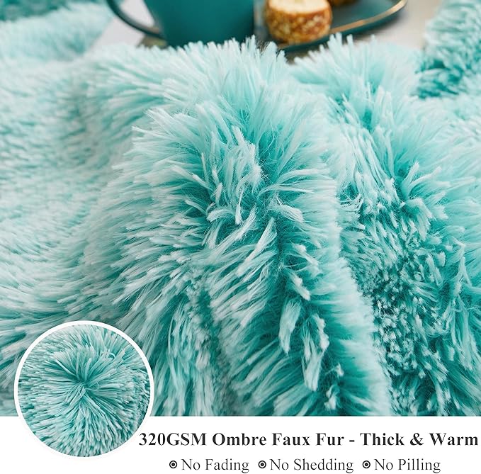 XeGe Plush Shaggy Duvet Cover Set, Luxury Ultra Soft Crystal Velvet Fluffy Bedding Sets 3 Pieces(1 Furry Faux Fur Comforter Cover + 2 Fuzzy Faux Fur Pillow Cases), Zipper Closure(Queen, Aqua Ombre)