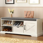 HOMEFORT 47" Shoe Storage Bench with Cushion Seat, Entryway Bench with Adjustable Shelf and Barn Door,2- Tier Farmhouse Shoe Rack Cabinet Bench with Drawer, for Bedroom, Hallway, Antique White