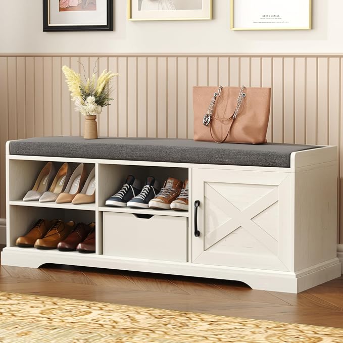 HOMEFORT 47" Shoe Storage Bench with Cushion Seat, Entryway Bench with Adjustable Shelf and Barn Door,2- Tier Farmhouse Shoe Rack Cabinet Bench with Drawer, for Bedroom, Hallway, Antique White