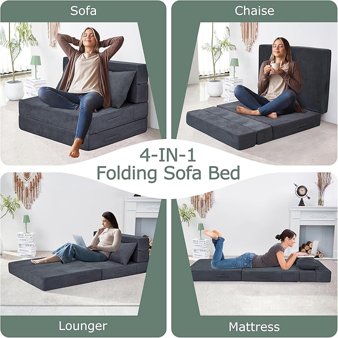 Folding Sofa Bed, 4 in 1 Convertible Sleeper Chair with Pillow, Twin Memory Foam Fold Out Chair Bed, Modern Floor Futon Sofa Couch Mattress for Living Room/Guest/Apartment, Dark Grey
