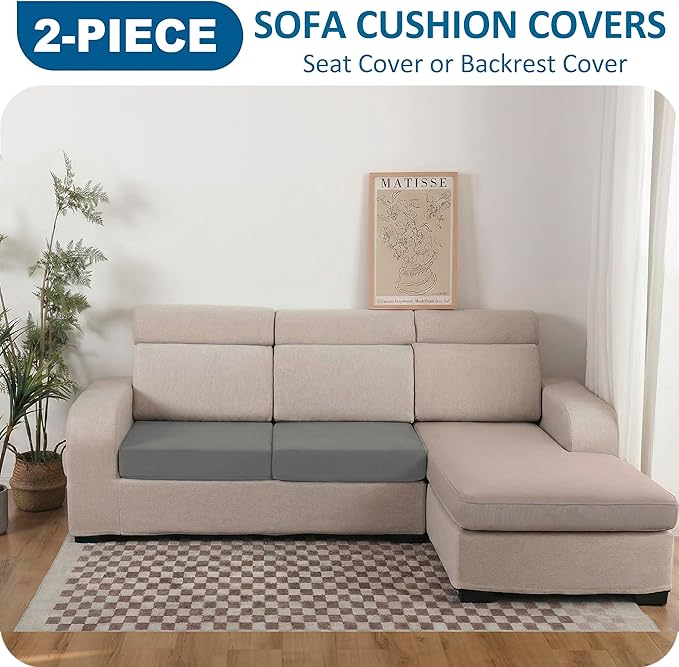 Waterproof Couch Cushion Covers, Replacement Sofa Cushion Covers, Stretch Individual Sofa Seat Cushion Slipcovers Furniture Protector for Kids Pets (2-Piece Loveseat Cushion Cover, Light Grey)