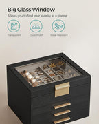 SONGMICS GISELLA Collection - Jewelry Box Organizer, 4-Layer Jewelry Storage with 3 Drawers, Shiny Metal Hardware, Glass Lid, Modern, 8 x 9.1 x 6.5 Inches, Ink Black and Gold Color UJBC173B01
