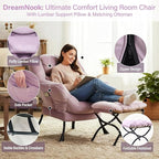 Lazy Chair with Ottoman, Modern Accent Chair with Lumbar Pillow, Velvet Light Purple Sofa, Lounge Chairs with Folding Footrest, Oversized Supportive Chairs for Bedroom, Reading
