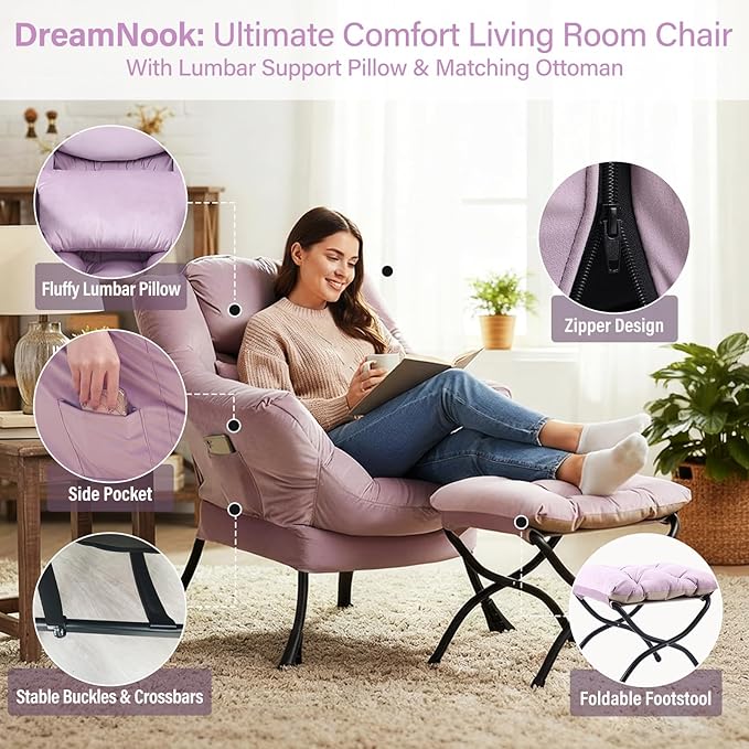 Lazy Chair with Ottoman, Modern Accent Chair with Lumbar Pillow, Velvet Light Purple Sofa, Lounge Chairs with Folding Footrest, Oversized Supportive Chairs for Bedroom, Reading