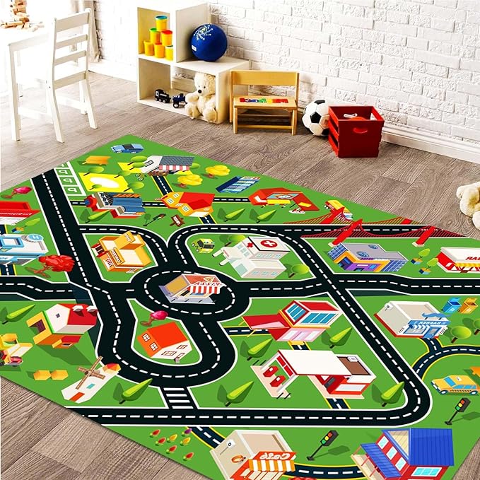 6'7"x9'10" Kids Rug Car Rugs for Kids Toy Cars Play Mat with Rubber Backing City Life Road Rug for Cars Fun City Map for Carpet for Bedroom Boys (RED-Rug)