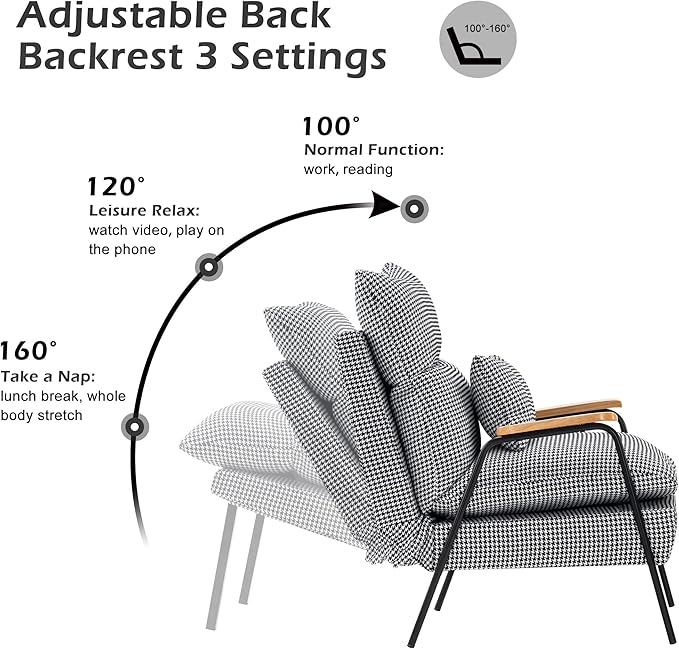 MCombo Accent Recliner Chair with Ottoman, Modern Fabric Armchair, Upholstered Sofa Bed for Living Room Bedroom, Small Space 4055 (Black Frame, Houndstooth)