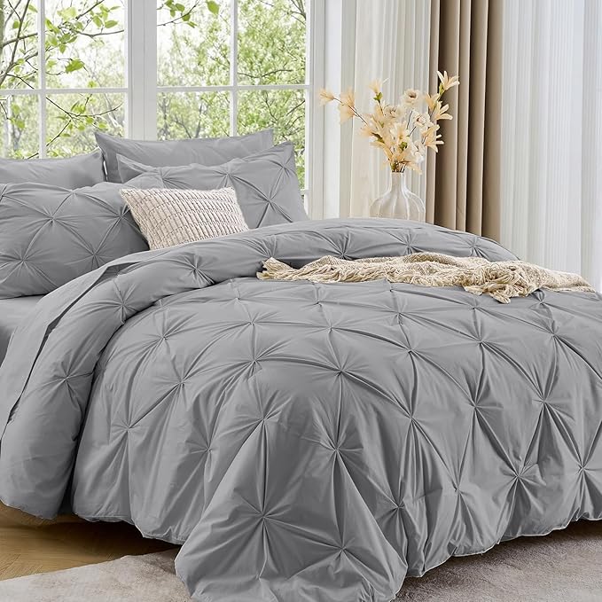 Sasttie Twin Comforter Set, 5-Piece Bed in a Bag, Pintuck Bedding Sets for All Season, Includes Comforter, Flat Sheet, Fitted Sheet, Pillowcase and Pillowsham, Light Grey