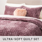 RECYCO Luxury Velvet Quilt Set Twin/Twin XL Size, Lightweight Velvet Comforter Set, Oversized Bedspread Coverlet Quilted Bedding Set, with 1 Matching Pillow Sham, for All Season, Dusty Mauve Pink