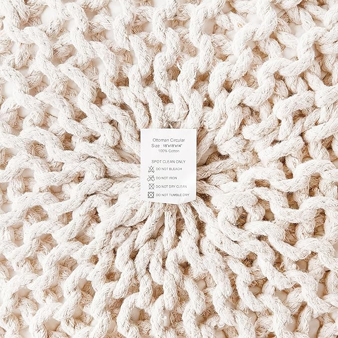 REDEARTH Round Pouf Ottoman –18"x18"x14" Hand-Knitted Cotton Pouffe –Cable Footstool –Boho Dori Hassock –Pre-Stuffed Poof – Extra Seat -Poofy Footrest for Living Room, Bedroom, Nursery, Nook –Ivory