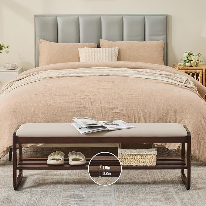 Uniclinens Wooden Shoe Rack Bench, End of Bed Bench Bedroom, Entryway Bench with Cushion 2-Tier, Long Shoe Storage Bench for Hallway Living Room (Walnut, 47.2'')