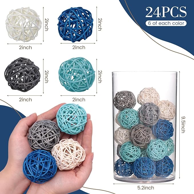 DomeStar 24PCS Blue Decorative Balls for Bowl Centerpiece, 2 Inch Rattan Balls Bowl Fillers Decor - Wicker Twig Orbs Spheres, Wedding Home Vase Table Decor