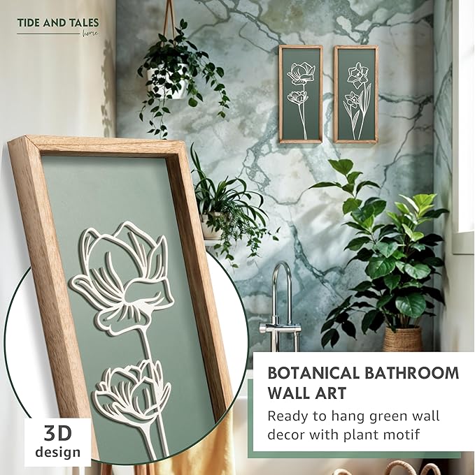3D Floral Green Wall Art (Set of 2) Lightweight, Wooden Ready-to-Hang Boho Framed Wall Art for Bathroom, Bedroom, Living Room or Office – Premium Sage Green Farmhouse Decor – Gift-Boxed