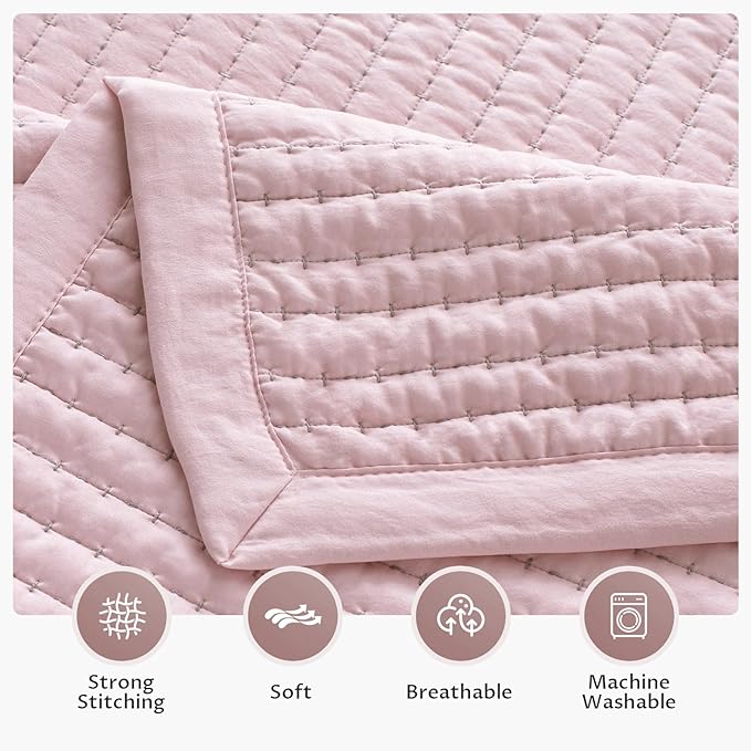 KASENTEX King XL Quilt Set 108"x98" – Soft Washed 3-Layer Lightweight Bedspread, Minimalist Nordic Design, All-Season Spring & Summer Quilt Set (1 Quilt + 2 Pillow Shams), Pink
