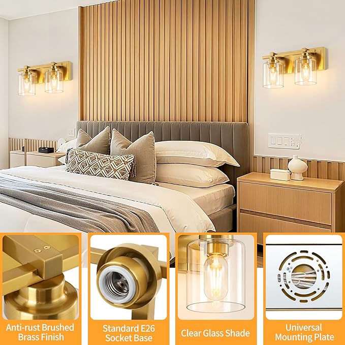 2 Light Modern Bathroom Light Fixtures Over Mirror, Brass Finish Vanity Lights for Bathroom Wall Sconces with Clear Glass Shades, E26 Socket (Bulbs Not Included)