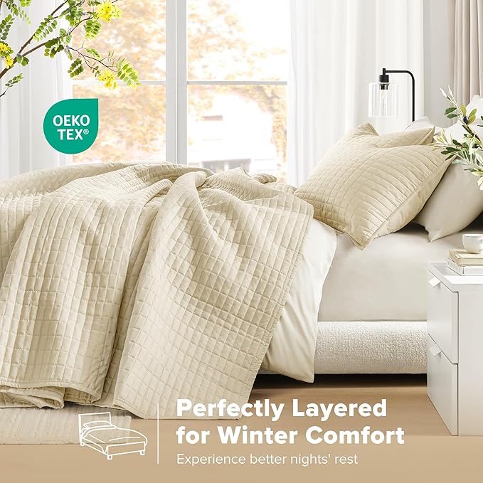 Comfort Spaces Ivory Oversized Queen Quilt Set 102"x118" Bedspread Quilted Summer Lightweight Microfiber Bedding Coverlet with Double Sided Stitching Soft All Season Cozy 3 Piece with Matching Shams