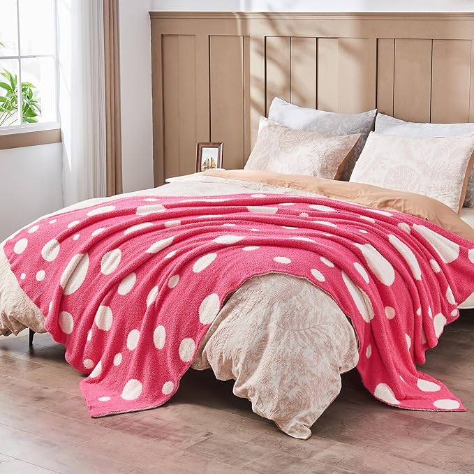 CozeCube Super Soft Fullfy Microfiber Reversible Knitted Blankets, Warm Cozy Fuzzy Plush Throw, Hot Pink and White Polka Dot Throw Blanket for Couch Bed Sofa, 50" x 60"