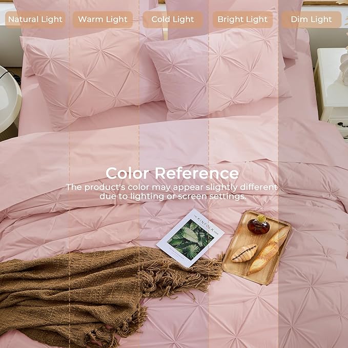 Sasttie California King Comforter Set, 7-Piece Bed in a Bag, Pintuck Bedding Sets for All Season, Includes Comforter, Flat Sheet, Fitted Sheet, Pillowcases and Pillowshams, Rose Gold