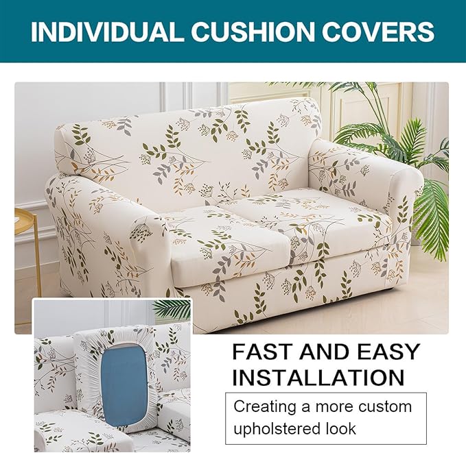 KRFOONN 3 Piece Printed Couch Cover for 2 Cushion Couch Stretch Sofa Loveseat Slipcover with 2 Separate Seat Cushion Covers Furniture Protector with Elastic Bottom for Living Room (Loveseat, 50)