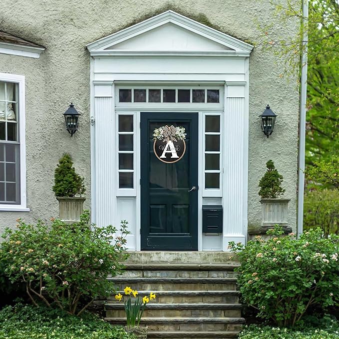 Circular Surname Front Door Welcome Sign - 26 Letter House Wreath, Front Porch Decorations, Year-Round Home Decor (A)
