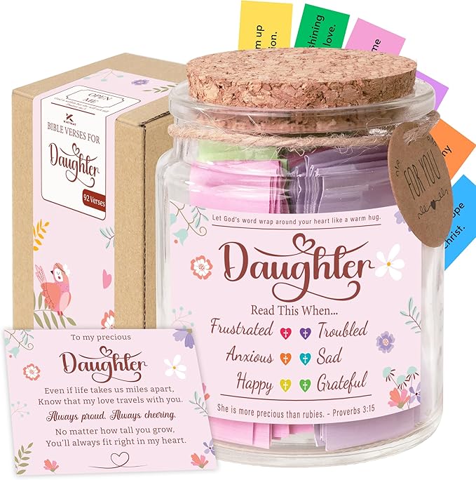 Bible Verse Jar for Daughter – 92 Color-Coded Scriptures of Encouragement, Birthday & Christmas Gift, Christian Keepsake, Daughter-in-Law Gift (Bible Verse Jar For Daughter)