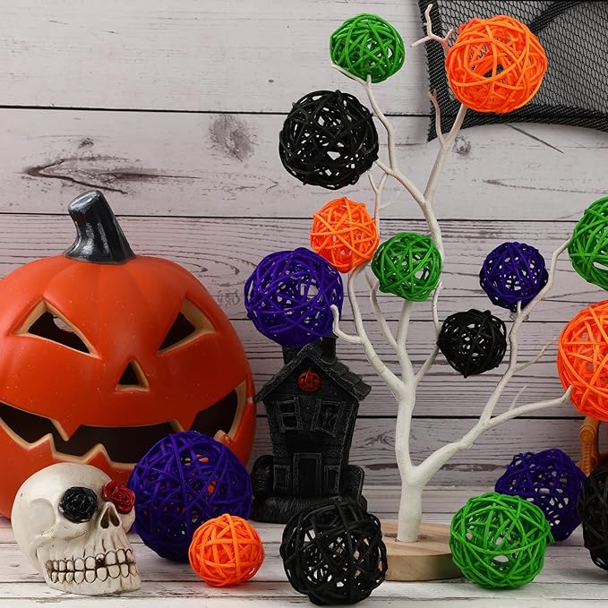 SANNIX 16 Pcs 3 Sizes Big Halloween Rattan Balls Halloween Vase Filler Decorative Balls for Bowls Wicker Balls for Party Decorations Home Table Decor Hanging Ornaments