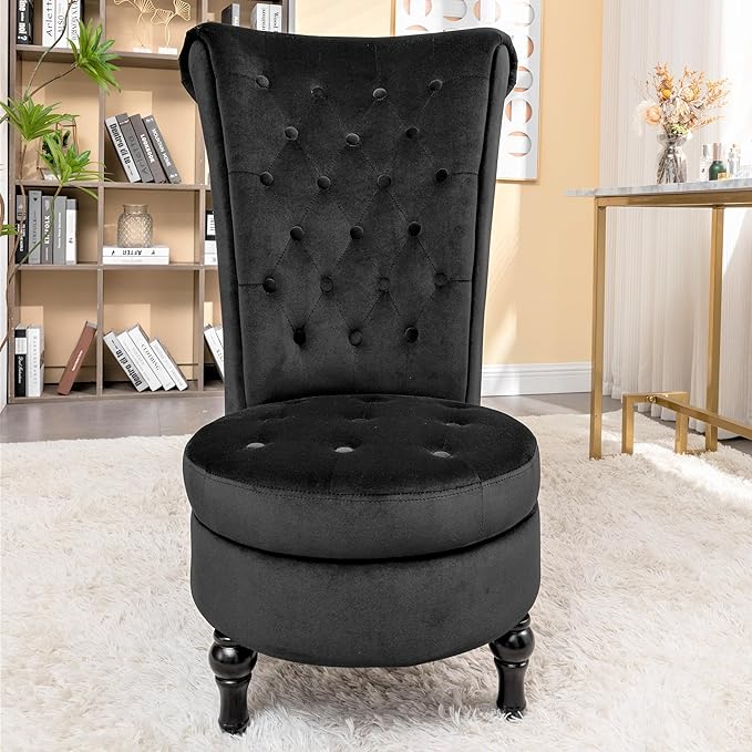 Royal High-Back Velvet Accent Chair for Vanity with Storage and Luxurious Upholstery, Retro Design and Versatile Usage for Living Room, Bedroom, Lounge and Office, Black