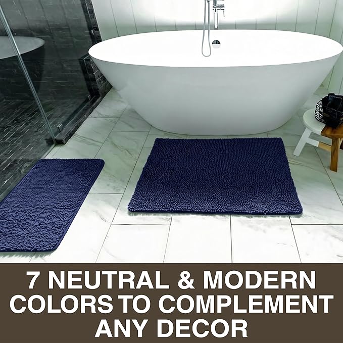Neater Home Plush Bathroom Rugs 24x17 Thick Chenille Quick Dry Microfiber Absorbent Bath Mat, Soft Bath Rugs, Machine Washable Bathroom Floor Mat for Tub Shower Sink, Home Decor Accessories, Navy