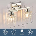 2 Light Silver Chrome Bathroom Vanity Light Over Mirror, Modern Vanity Lighting with Crystal Glass Shade, Wall Mount Bathroom Light Fixtures, E26 Base