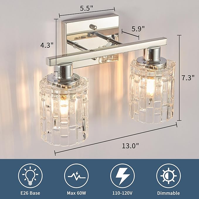 2 Light Silver Chrome Bathroom Vanity Light Over Mirror, Modern Vanity Lighting with Crystal Glass Shade, Wall Mount Bathroom Light Fixtures, E26 Base