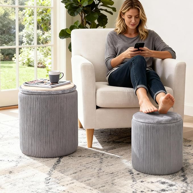 CAROLMADE Set of 2 Round Ottoman with Storage, Upholstered Vanity Stool Support 330lbs Multifunctional Coffee Table Ottoman Velvet Foot Rest Stool or Living Room Bedroom Dorm(Grey)