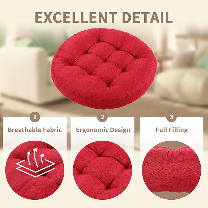 Meditation Floor Pillow, Round Floor Cushions for Adults, Button Tufted Seat Cushions for Yoga Tatami Living Room, Wine Red, 22 x 22 x 4 in