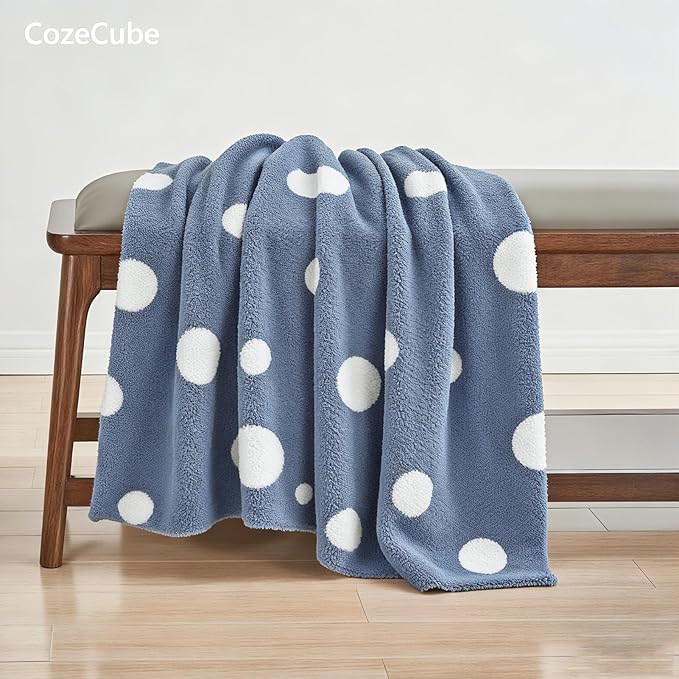 CozeCube Super Soft Fullfy Microfiber Reversible Knitted Blankets, Warm Cozy Fuzzy Plush Throw, Dusty Blue and White Polka Dot Throw Blanket for Couch Bed Sofa, 60" x 80"