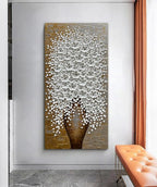 Epicler Hand-Painted 3D Flower Oil Painting with Metal Texture Background, 40x20 inch White Flower Art Painting, Modern Canvas murals, White Flower Art