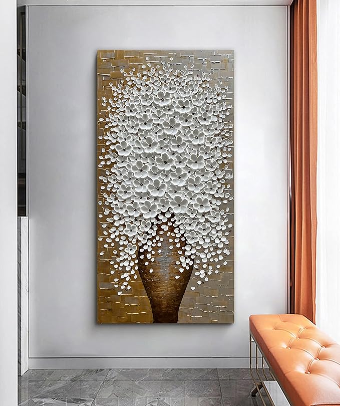 Epicler Hand-Painted 3D Flower Oil Painting with Metal Texture Background, 40x20 inch White Flower Art Painting, Modern Canvas murals, White Flower Art