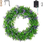 Solar Spring Wreath 16inchWreath for Front Door Pre-lit 30LED Spring Summer Decor for Outside Artificial Eucalyptus Lavender Wreath with Colorful Lights for Door Wall Farmhouse Decor
