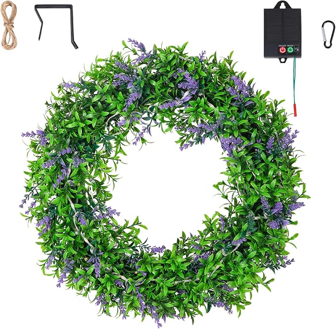 Solar Spring Wreath 16inchWreath for Front Door Pre-lit 30LED Spring Summer Decor for Outside Artificial Eucalyptus Lavender Wreath with Colorful Lights for Door Wall Farmhouse Decor