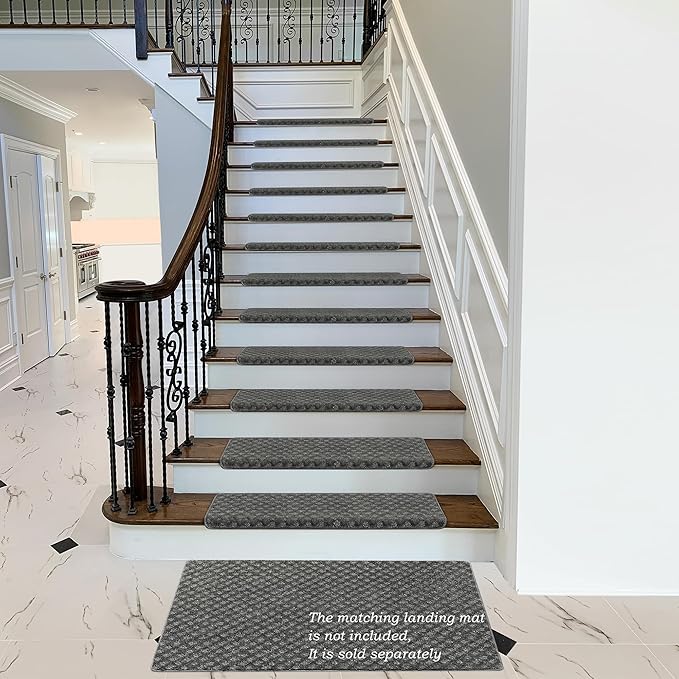 PURE ERA Bullnose Carpet Stair Treads Set Tape Free Non-Slip Indoor Stair Protectors Pet Friendly Rugs9.5" x 30"(2 Pieces,Grey Mini-Diamond Trellis)