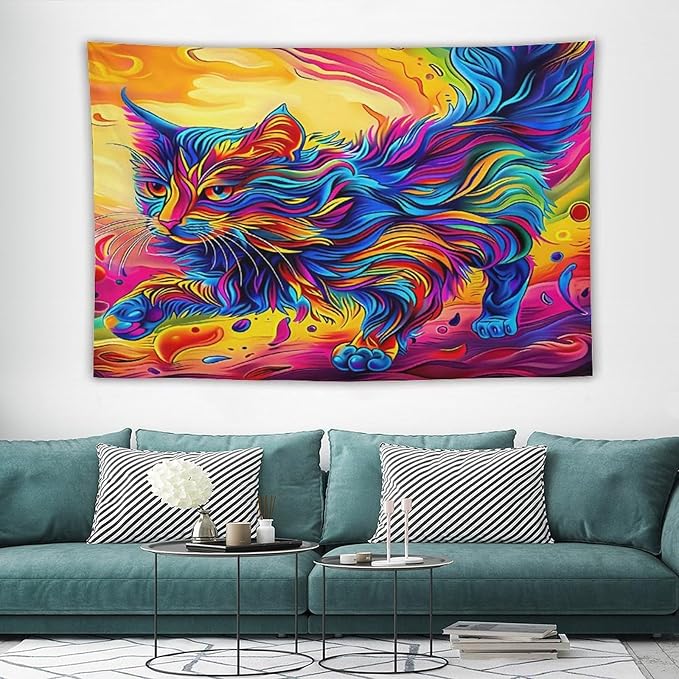VUMIVI Colorful Cat Tapestry Pet Oil Painting Print Rainbow Colorful Abstract Art Pattern Tapestry Wall Hanging for Living Room Bedroom Dorm Classroom Aesthetic Decor W90xL60in