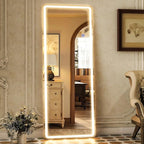 GLSLAND LED Full Length Mirror 64" x 21" Floor with Stand Wall Mounted Hanging Full Body Mirror with Lights Free Standing for Bedroom Living Room Bathroom, White