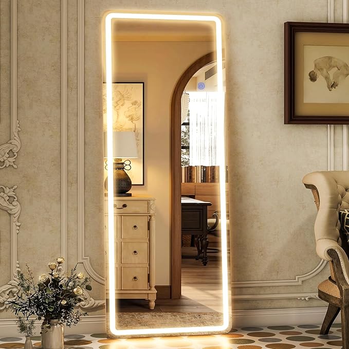 GLSLAND LED Full Length Mirror 64" x 21" Floor with Stand Wall Mounted Hanging Full Body Mirror with Lights Free Standing for Bedroom Living Room Bathroom, White
