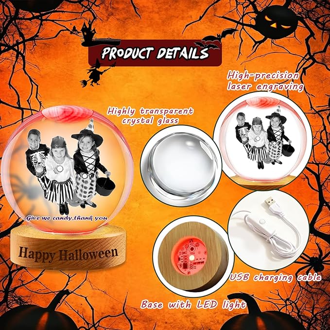 Customizable Halloween Crystal Ball Engravable Photo Text Personalized Luminous Snow Globe Suitable for Halloween Party Decorations to Create A Spooky Atmosphere
