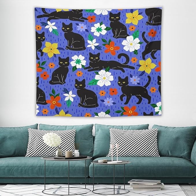 VUMIVI Black Cat Floral Tapestry Red White Hand-Painted Flowers Cute Animals Kids' Doodles Tapestry Wall Hanging for Living Room Bedroom Dorm Classroom Aesthetic Decor W60xL50in